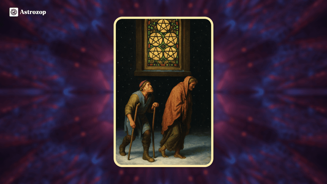 Five of Pentacles tarot card showing two weary figures walking in the snow
