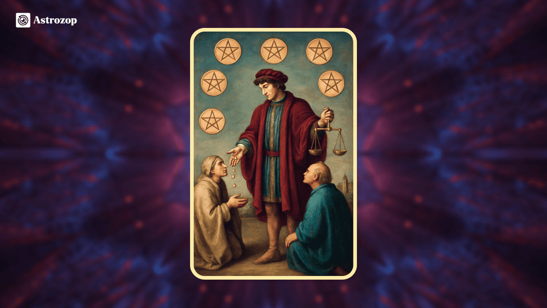 Six of Pentacles tarot card showing a figure giving coins to two recipients